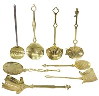 8) LARGE BRASS PIERCED FIREPLACE COOKING UNTENSILS