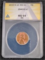 1940-S Lincoln Wheat Cent Penny coin ANACS MS64