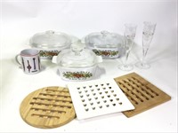 Coring Ware Baking Dishes, Champagne Glasses +