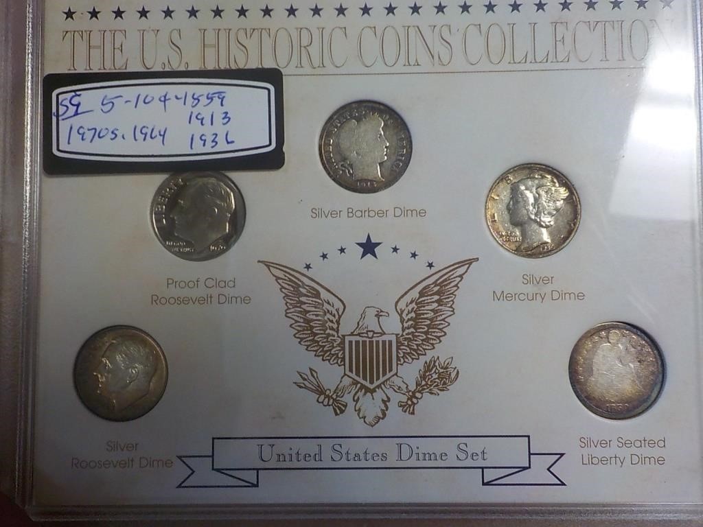 5 US Dimes 1859,1913,1936, 1970 S Proof, 1964