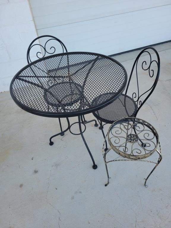 WROUGHT IRON PATIO TABLE, 2 CHAIRS AND A PLANT