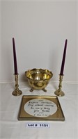 BRASS CANLE STICKS, CANDLES, FOOTED DECORATIVE BOW
