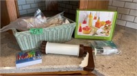 Cake, decorating items, and cookie press