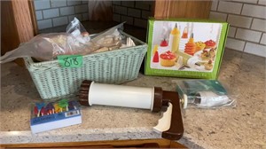 Cake, decorating items, and cookie press