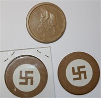 3 pc.1910 Antique Clay Poker Chips,Swastika &