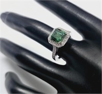 925 Simulated Emerald & CZ Halo Ring
