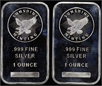 (2) 1 OZ .999 SILVER SUNSHINE MINTING BARS