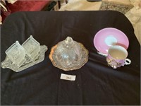 Cheese plate/cover, C & S set, & pink cup &