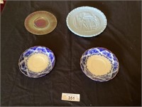 2 Flo-Blue saucers, Fenton Satin blue plate, a