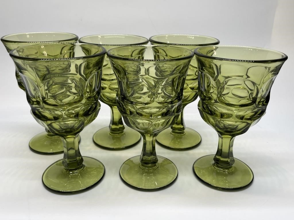 (6) Mid Century Fostoria Argus Green Water Goblets