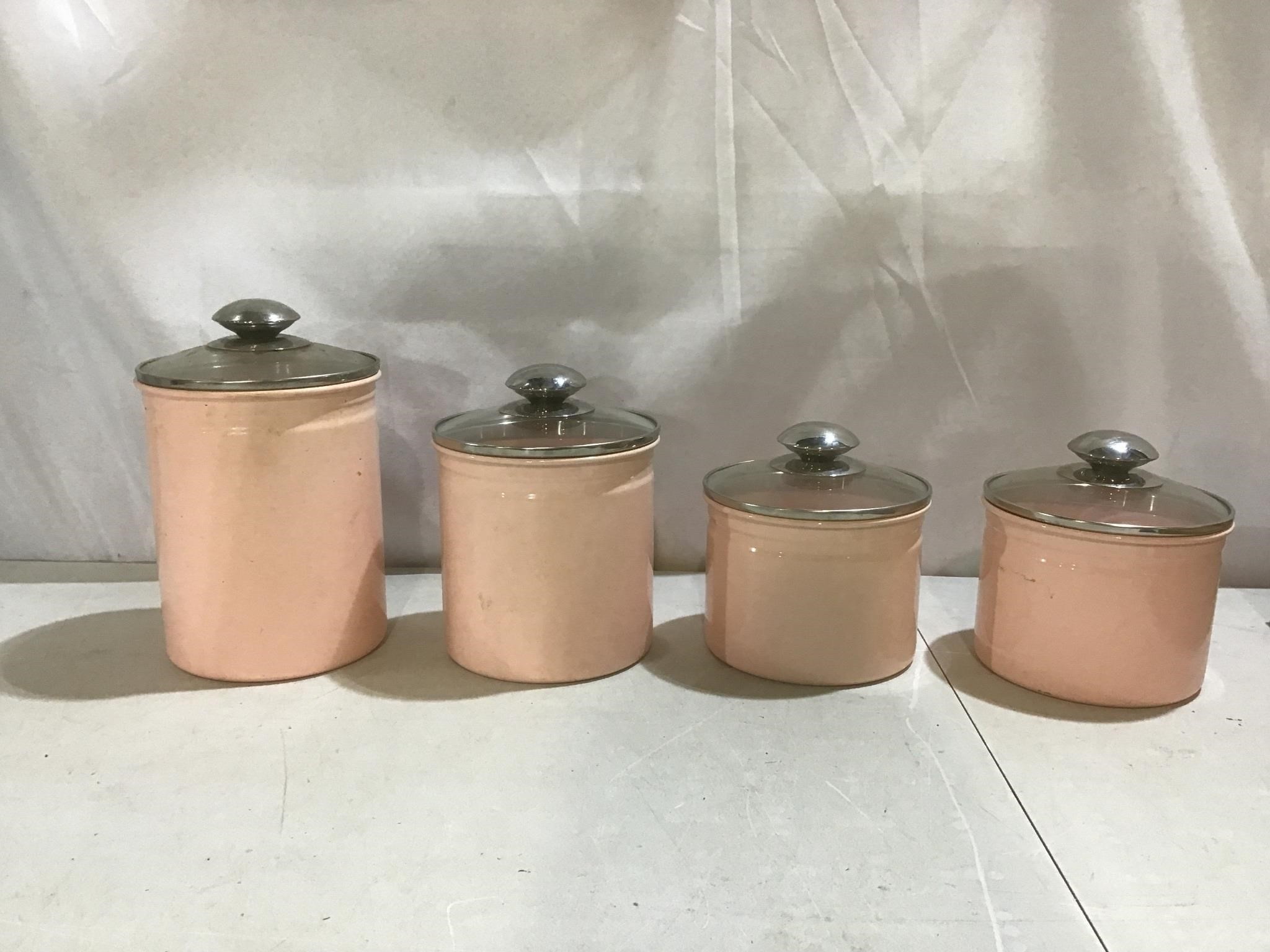 Retro pink metal canisters, glass lid