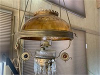 Vtg. Amber Glass & Brass Hanging Parlor Oil Lamp