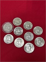 1963-D Franklin half dollar coins, total of 10