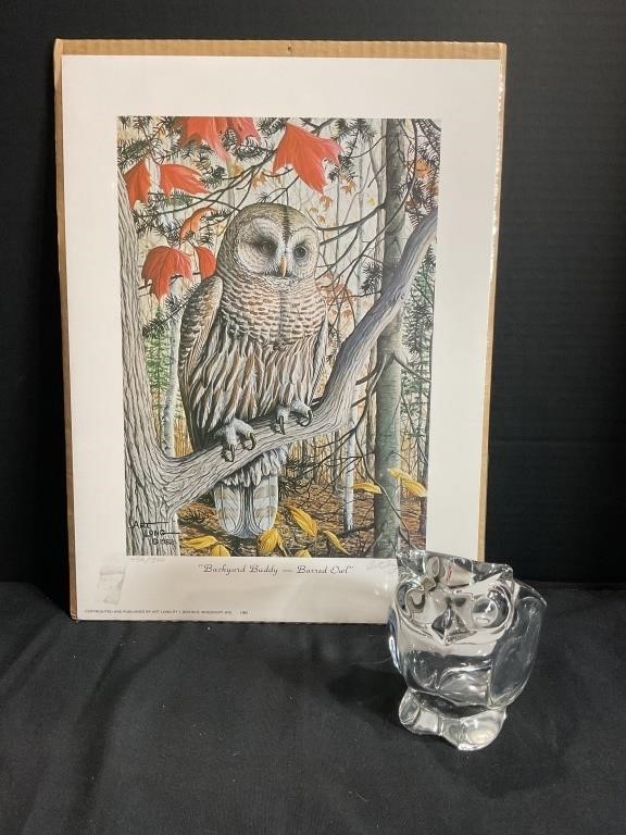 Vintage Owl Lot Signed Print & Planter