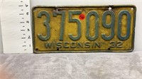 1932 WISCONSIN LICENSE PLATE