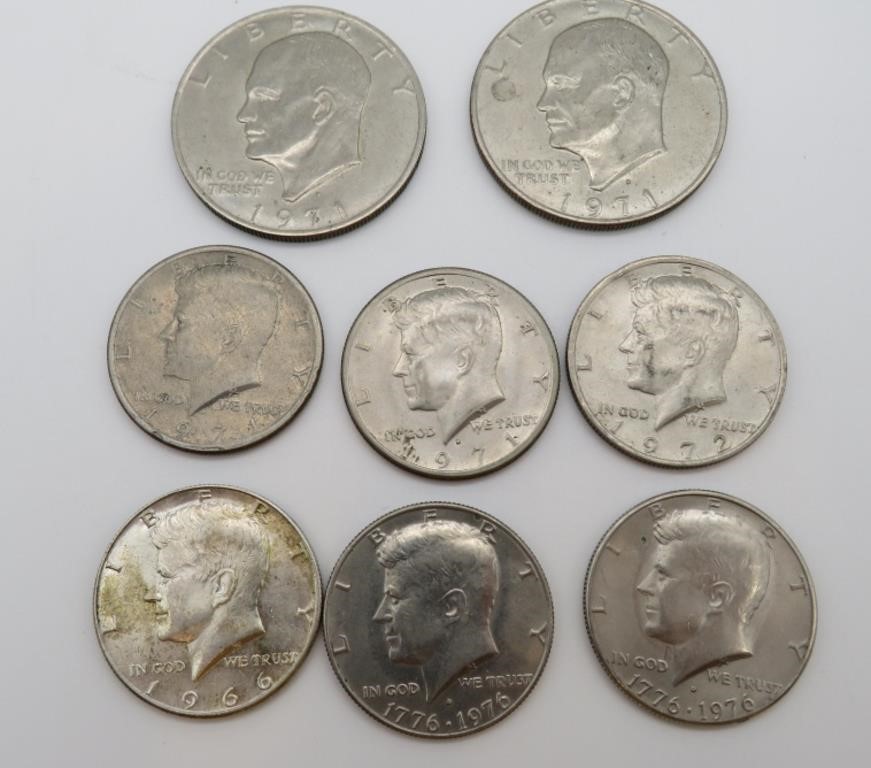 Two 40% Ike Dollars and Six Clad Kennedy Halves