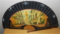 Antique Hand Painted Fan, European Street Scene