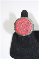 Antique Coral hand painted Ottoman silver ring