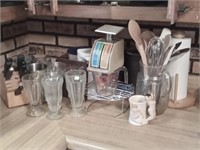 group of kitchen items - soda fountain glasses,