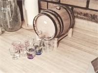 wooden wine barrel decanter with shot glasses