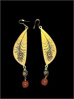 14k Gold Indian Red Jade Drop Earrings