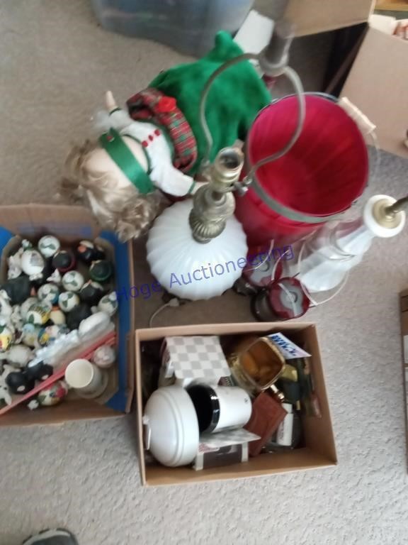 PILE--2 LAMPS, DOLL, PENGUIN FIGURINES, OTHER,