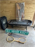 Vintage table, saw, brackets and decor