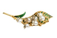 18K GOLD AND PEARL LILY OF THE VALLEY BROOCH,10.6g