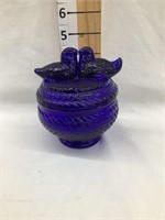 Cobalt Blue Glass Powder Jar w/ Birds Kissing, 4