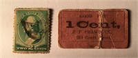 Used 2 Cent Washington Stamp 1 Cent Tag