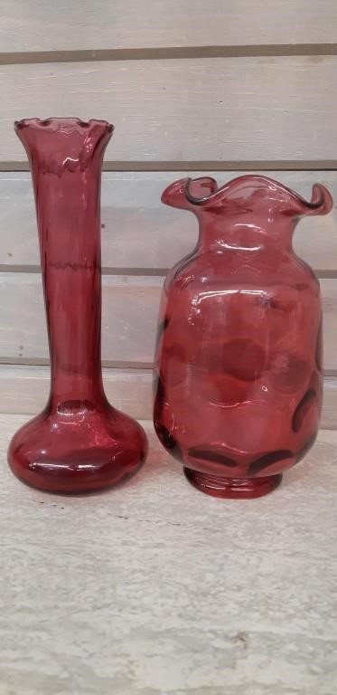 2 Cranberry Glass Vases 5.5" Tall