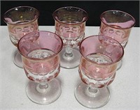 5 Clear & Cranberry Glass Goblets - 5.75" Tall