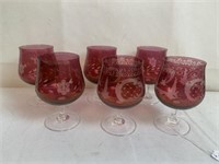 Bohemian Cranberry Glass Wine Stems, Sest of 6