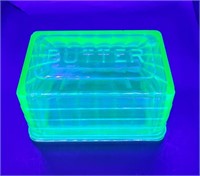 Block Optic Uranium Glass Covered Butter Dish!