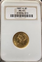 1887-S $5 Liberty Head Gold Coin NGC Slabbed (MS61