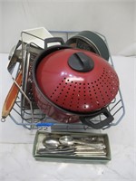 kitchen utensils, dish rack, pots
