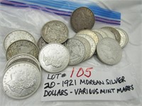 20 - 1921 Morgan Silver Dollars, various marks