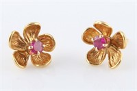 Pair of 18k Yellow Gold and Ruby Flower Earrings