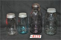 (3) 1858 Mason jars w/ground top + Amethyst jar