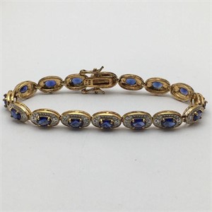 Sterling Gold Tone Diamond & Blue Stone Bracelet