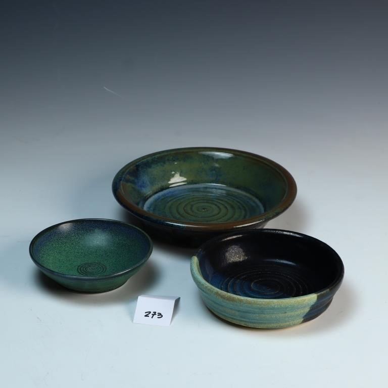 Three green studio pottery bowls