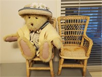 2 Wicker Doll Chairs With Teddy Bear, 14" Tall