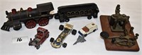 Cast iron toy train, cars & telegraph