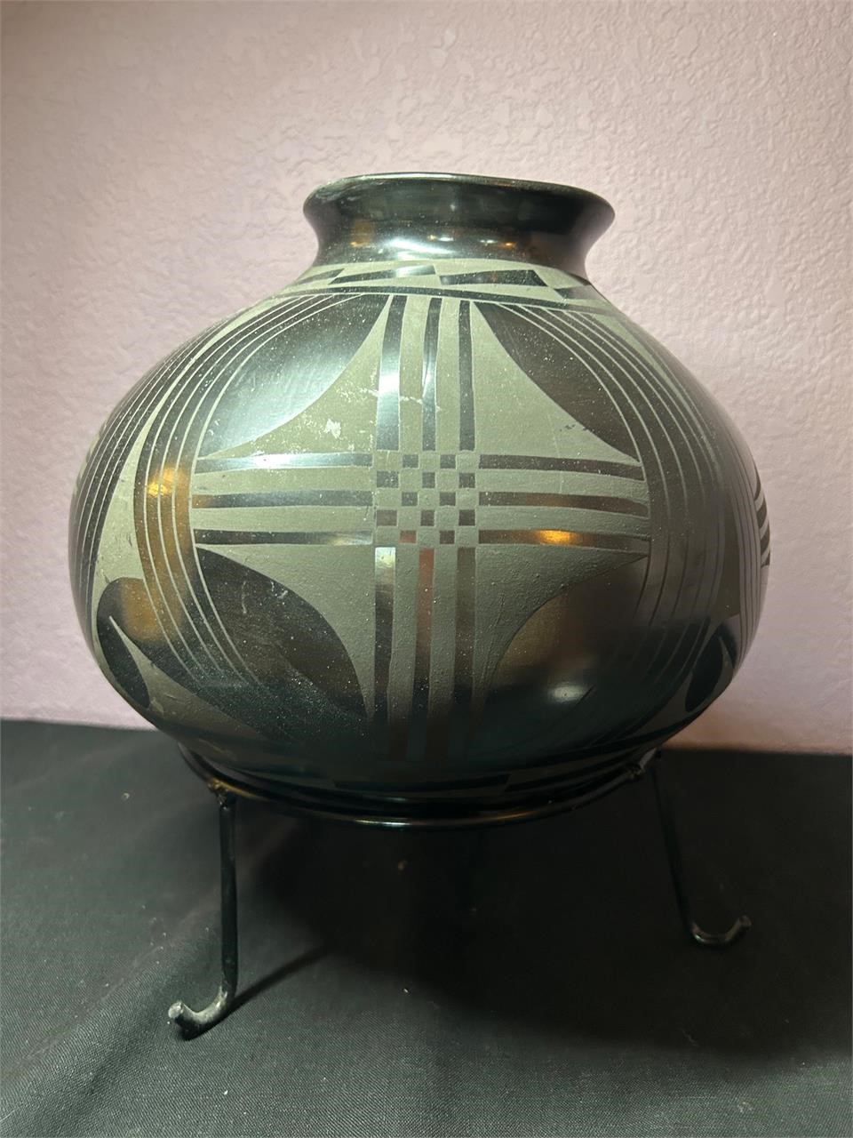 Signed Black Ware Pottery Olla / Vase + Stand