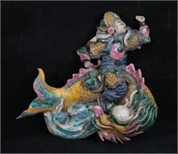 Chinese Pottery Roof Tile Warrior With Dragon Fish