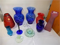 COLORED GLASS VASES, GREEN DEPRESSION ART GLASS