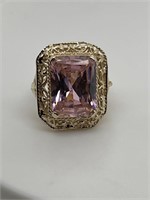 Pink Amethyst Emerald Cut Gold-Toned Silver Ring