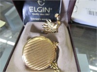 Elgin Quartz Pocket Watch & Ladies Peacock Pin