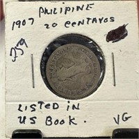 1907 PHILIPPINES SIVLER 20 CENTAVOS