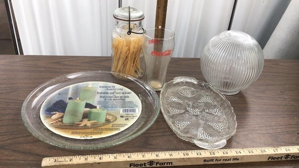 Misc glass plates jars glass & globe